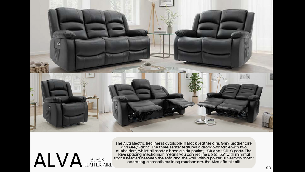 Alva Electric Recliner Sofa Black 3+2 Set