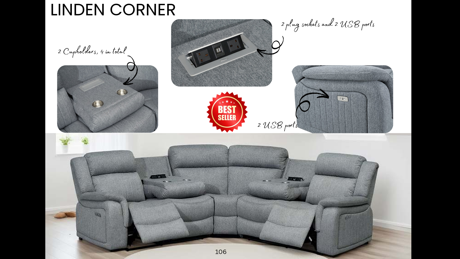 Linden Electric Recliner Sofa Grey Large Corner