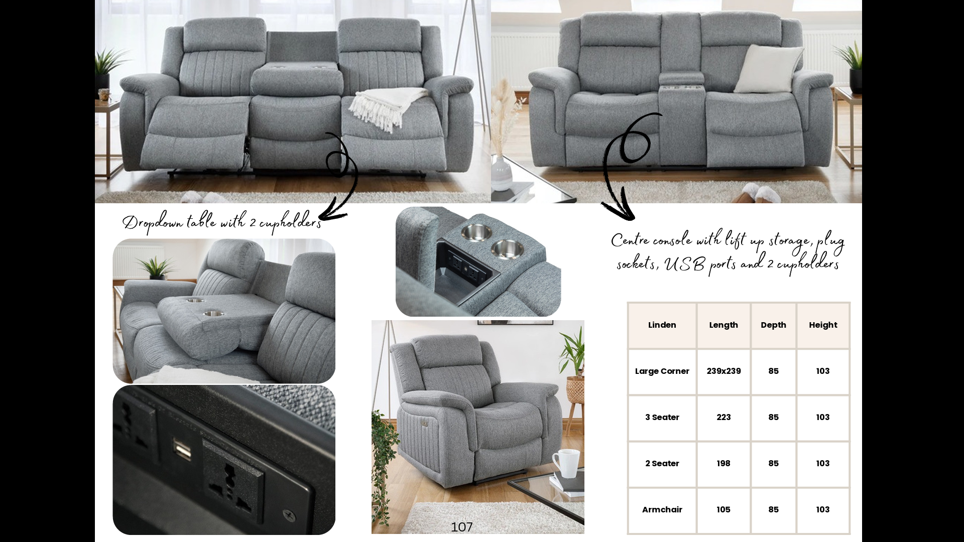 Linden Electric Recliner Sofa Grey Large Corner