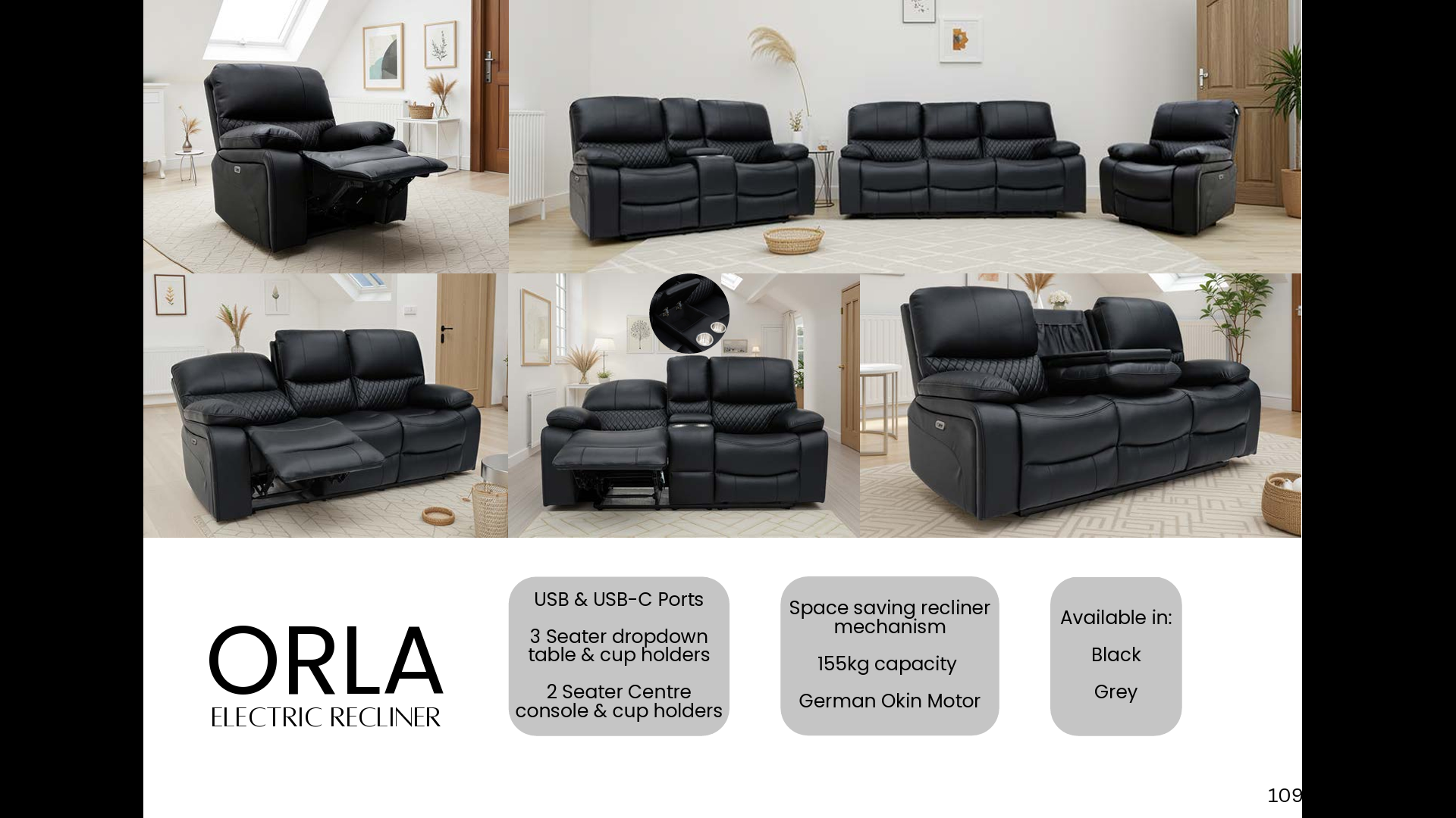 Orla Electric Recliner Sofa Grey 3 Seater